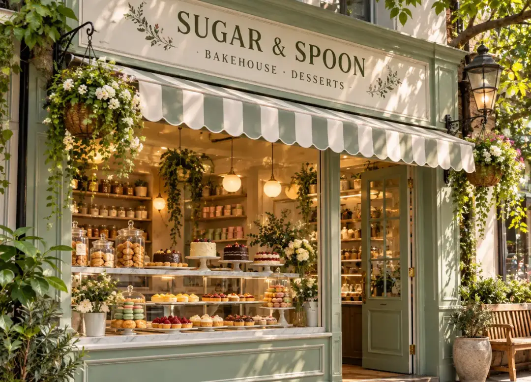 Sugar & Spoon, a dessert bakery with cakes and pastries in its window